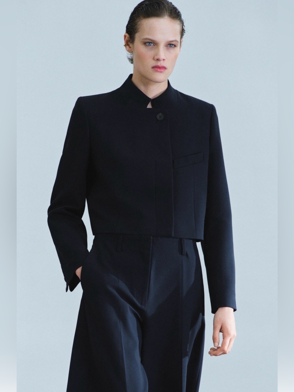 Zara Cropped Black Mandarin Collar Blazer